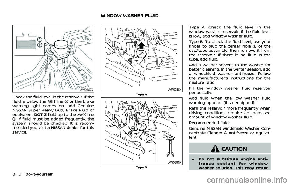 NISSAN ROGUE SPORT 2022  Owners Manual 8-10Do-it-yourself
JVM0789X
Check the fluid level in the reservoir. If the
fluid is below the MIN lineor the brake
warning light comes on, add Genuine
NISSAN Super Heavy Duty Brake Fluid or
equivalent