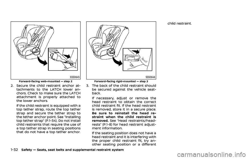 NISSAN ROGUE SPORT 2022  Owners Manual 1-32Safety — Seats, seat belts and supplemental restraint system
SSS0645
Forward-facing web-mounted — step 2
2. Secure the child restraint anchor at-tachments to the LATCH lower an-
chors. Check t
