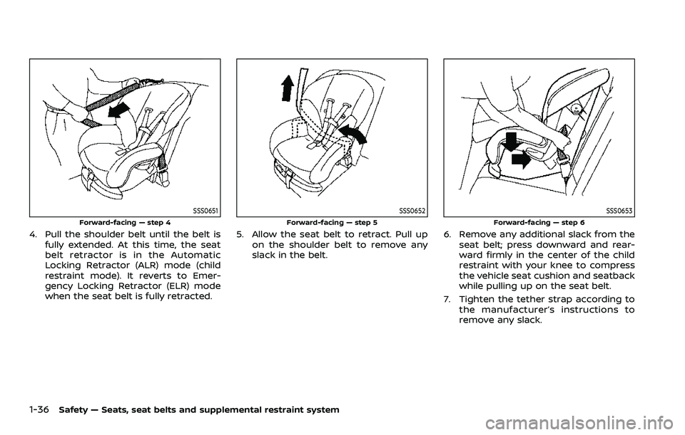 NISSAN ROGUE SPORT 2022  Owners Manual 1-36Safety — Seats, seat belts and supplemental restraint system
SSS0651
Forward-facing — step 4
4. Pull the shoulder belt until the belt isfully extended. At this time, the seat
belt retractor is
