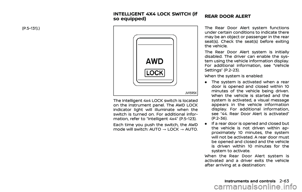 NISSAN ROGUE SPORT 2021 Owners Manual (P.5-131).)
JVI1595X
The Intelligent 4x4 LOCK switch is located
on the instrument panel. The AWD LOCK
indicator light will illuminate when the
switch is turned on. For additional infor-
mation, refer NISSAN ROGUE SPORT 2021 Owners Manual (P.5-131).)
JVI1595X
The Intelligent 4x4 LOCK switch is located
on the instrument panel. The AWD LOCK
indicator light will illuminate when the
switch is turned on. For additional infor-
mation, refer