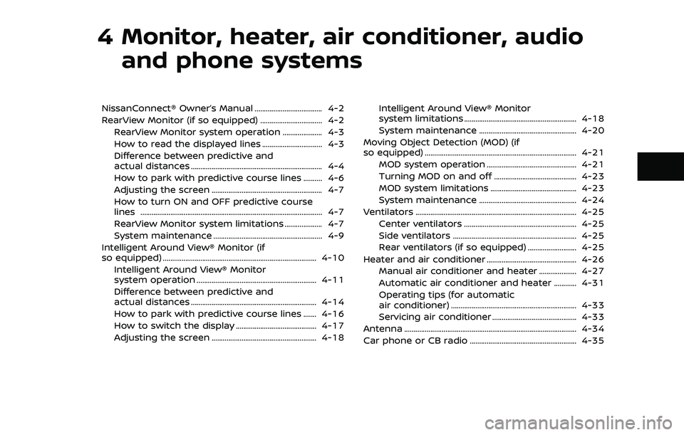 NISSAN ROGUE SPORT 2021 Owners Manual 4 Monitor, heater, air conditioner, audioand phone systems
NissanConnect® Owner’s Manual .................................... 4-2
RearView Monitor (if so equipped) ................................. NISSAN ROGUE SPORT 2021 Owners Manual 4 Monitor, heater, air conditioner, audioand phone systems
NissanConnect® Owner’s Manual .................................... 4-2
RearView Monitor (if so equipped) .................................