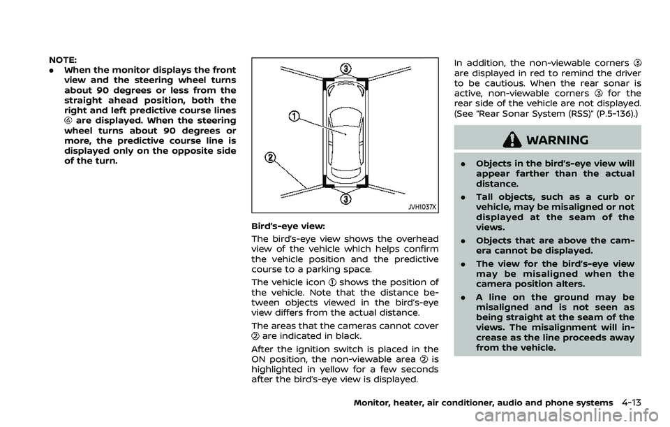 NISSAN ROGUE SPORT 2021 Owners Manual NOTE:
.When the monitor displays the front
view and the steering wheel turns
about 90 degrees or less from the
straight ahead position, both the
right and left predictive course lines
are displayed. W NISSAN ROGUE SPORT 2021 Owners Manual NOTE:
.When the monitor displays the front
view and the steering wheel turns
about 90 degrees or less from the
straight ahead position, both the
right and left predictive course lines
are displayed. W