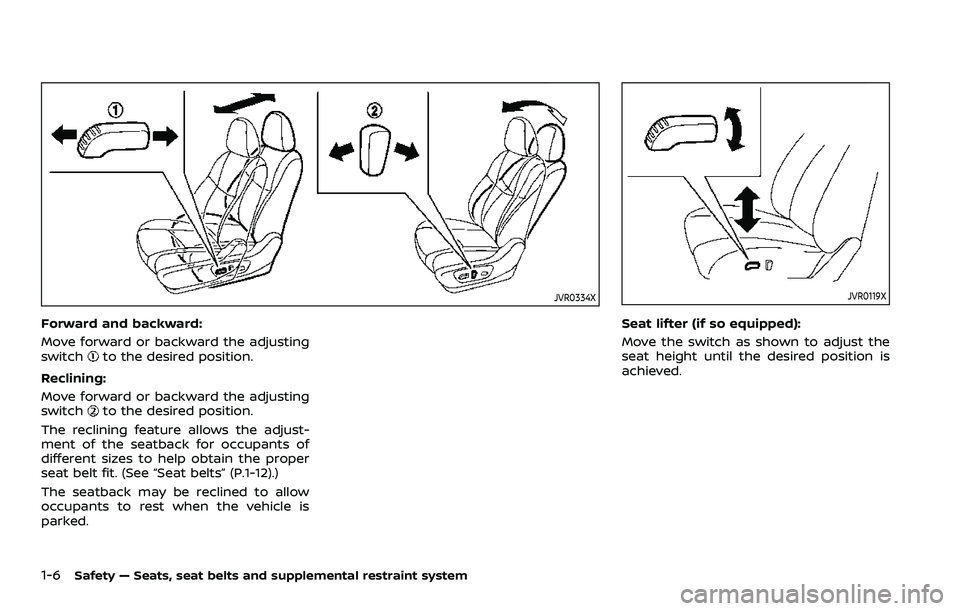 NISSAN ROGUE SPORT 2021  Owners Manual 1-6Safety — Seats, seat belts and supplemental restraint system
JVR0334X
Forward and backward:
Move forward or backward the adjusting
switch
to the desired position.
Reclining:
Move forward or backw