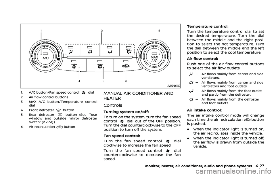 NISSAN ROGUE SPORT 2021 Owners Manual JVH0664X
1. A/C button/Fan speed controldial
2. Air flow control buttons
3. MAX A/C button/Temperature control dial
4. Front defroster
button
5. Rear defrosterbutton (See “Rear
window and outside mi NISSAN ROGUE SPORT 2021 Owners Manual JVH0664X
1. A/C button/Fan speed controldial
2. Air flow control buttons
3. MAX A/C button/Temperature control dial
4. Front defroster
button
5. Rear defrosterbutton (See “Rear
window and outside mi