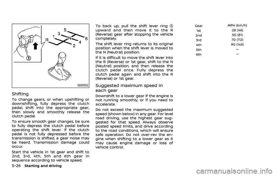 NISSAN ROGUE SPORT 2021 Owners Manual 5-26Starting and driving
SSD0552
Shifting
To change gears, or when upshifting or
downshifting, fully depress the clutch
pedal, shift into the appropriate gear,
then slowly and smoothly release the
clu NISSAN ROGUE SPORT 2021 Owners Manual 5-26Starting and driving
SSD0552
Shifting
To change gears, or when upshifting or
downshifting, fully depress the clutch
pedal, shift into the appropriate gear,
then slowly and smoothly release the
clu