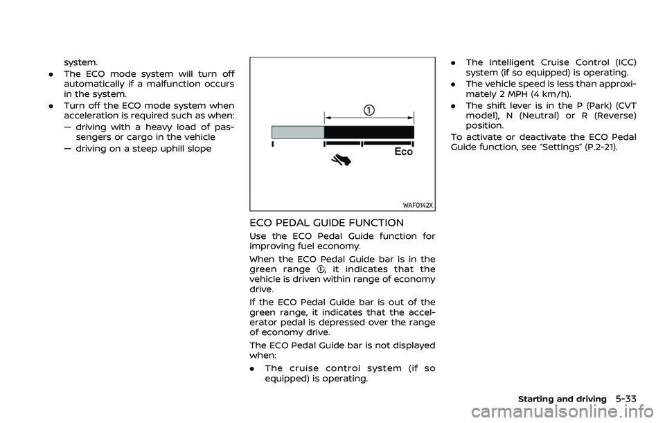 NISSAN ROGUE SPORT 2021 Owners Manual system.
. The ECO mode system will turn off
automatically if a malfunction occurs
in the system.
. Turn off the ECO mode system when
acceleration is required such as when:
— driving with a heavy loa NISSAN ROGUE SPORT 2021 Owners Manual system.
. The ECO mode system will turn off
automatically if a malfunction occurs
in the system.
. Turn off the ECO mode system when
acceleration is required such as when:
— driving with a heavy loa