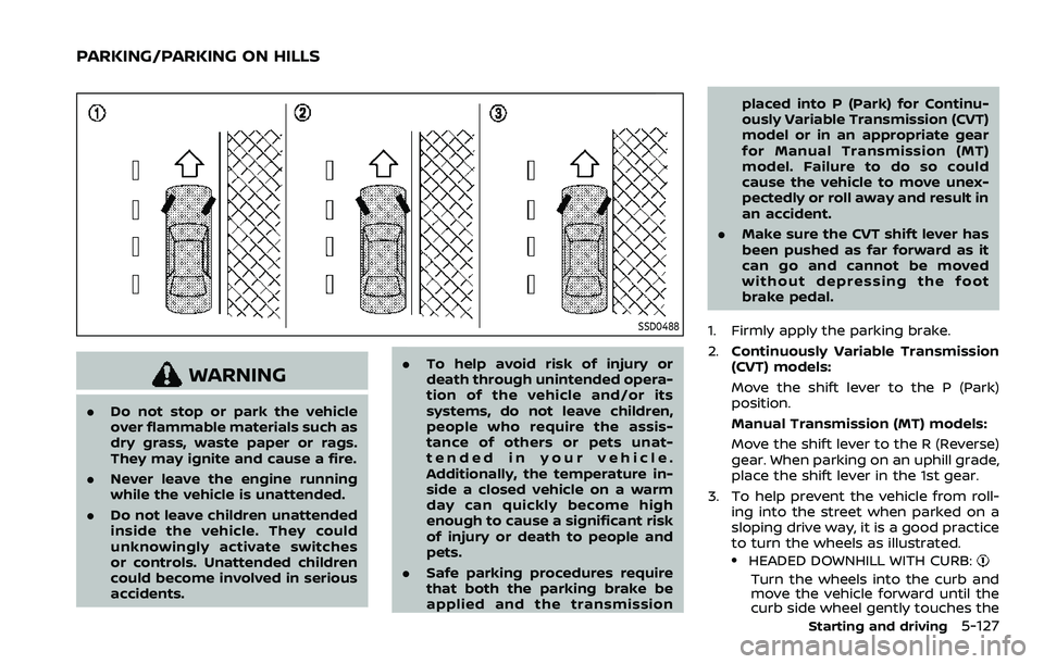 NISSAN ROGUE SPORT 2021 Owners Manual SSD0488
WARNING
.Do not stop or park the vehicle
over flammable materials such as
dry grass, waste paper or rags.
They may ignite and cause a fire.
. Never leave the engine running
while the vehicle i NISSAN ROGUE SPORT 2021 Owners Manual SSD0488
WARNING
.Do not stop or park the vehicle
over flammable materials such as
dry grass, waste paper or rags.
They may ignite and cause a fire.
. Never leave the engine running
while the vehicle i