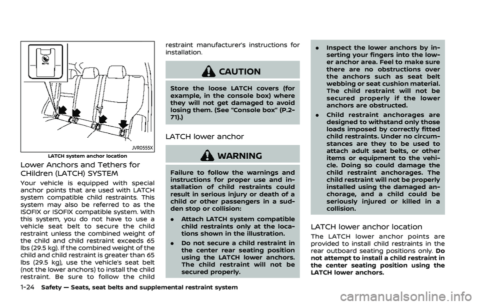 NISSAN ROGUE SPORT 2021 Owners Manual 1-24Safety — Seats, seat belts and supplemental restraint system
JVR0555X
LATCH system anchor location
Lower Anchors and Tethers for
CHildren (LATCH) SYSTEM
Your vehicle is equipped with special
anc NISSAN ROGUE SPORT 2021 Owners Manual 1-24Safety — Seats, seat belts and supplemental restraint system
JVR0555X
LATCH system anchor location
Lower Anchors and Tethers for
CHildren (LATCH) SYSTEM
Your vehicle is equipped with special
anc