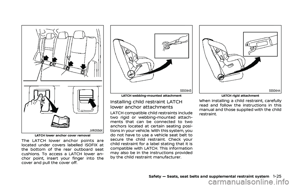 NISSAN ROGUE SPORT 2021 Owners Manual JVR0556XLATCH lower anchor cover removal
The LATCH lower anchor points are
located under covers labelled ISOFIX at
the bottom of the rear outboard seat
cushions. To access a LATCH lower an-
chor point NISSAN ROGUE SPORT 2021 Owners Manual JVR0556XLATCH lower anchor cover removal
The LATCH lower anchor points are
located under covers labelled ISOFIX at
the bottom of the rear outboard seat
cushions. To access a LATCH lower an-
chor point