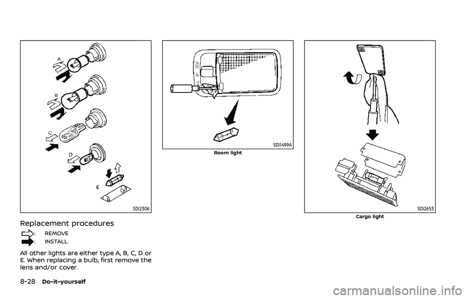 NISSAN ROGUE SPORT 2021  Owners Manual 8-28Do-it-yourself
SDI2306
Replacement procedures
: REMOVE
: INSTALL
All other lights are either type A, B, C, D or
E. When replacing a bulb, first remove the
lens and/or cover.
SDI1499A
Room light
SD