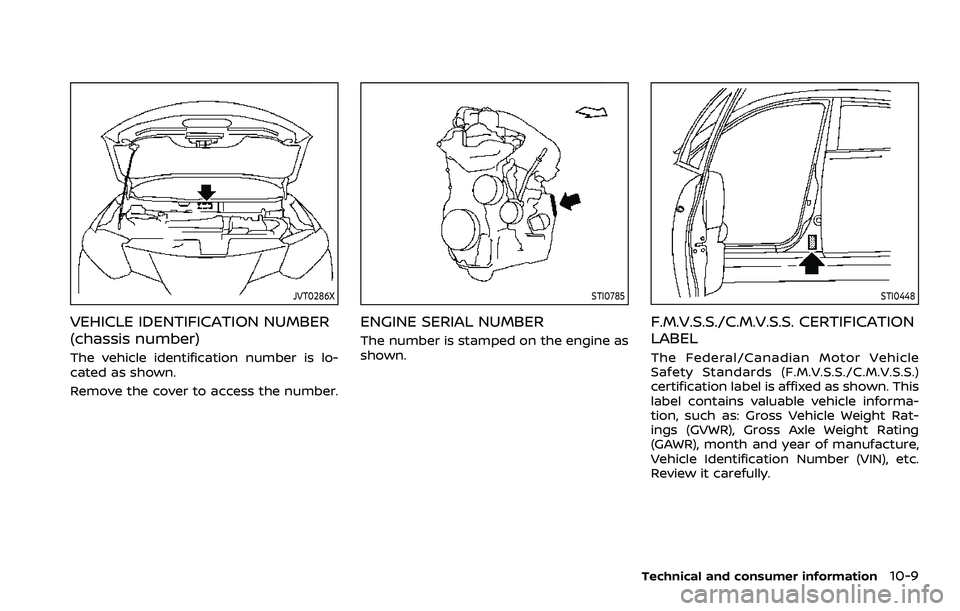 NISSAN ROGUE SPORT 2021  Owners Manual JVT0286X
VEHICLE IDENTIFICATION NUMBER
(chassis number)
The vehicle identification number is lo-
cated as shown.
Remove the cover to access the number.
STI0785
ENGINE SERIAL NUMBER
The number is stamp