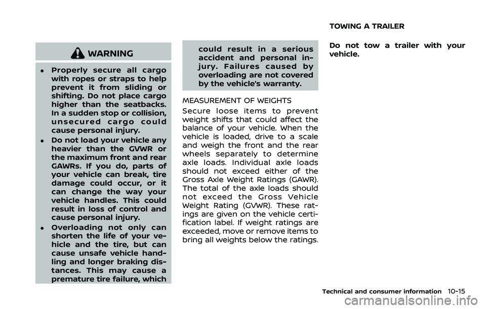 NISSAN ROGUE SPORT 2021 Owners Manual WARNING
.Properly secure all cargo
with ropes or straps to help
prevent it from sliding or
shifting. Do not place cargo
higher than the seatbacks.
In a sudden stop or collision,
unsecured cargo could
NISSAN ROGUE SPORT 2021 Owners Manual WARNING
.Properly secure all cargo
with ropes or straps to help
prevent it from sliding or
shifting. Do not place cargo
higher than the seatbacks.
In a sudden stop or collision,
unsecured cargo could