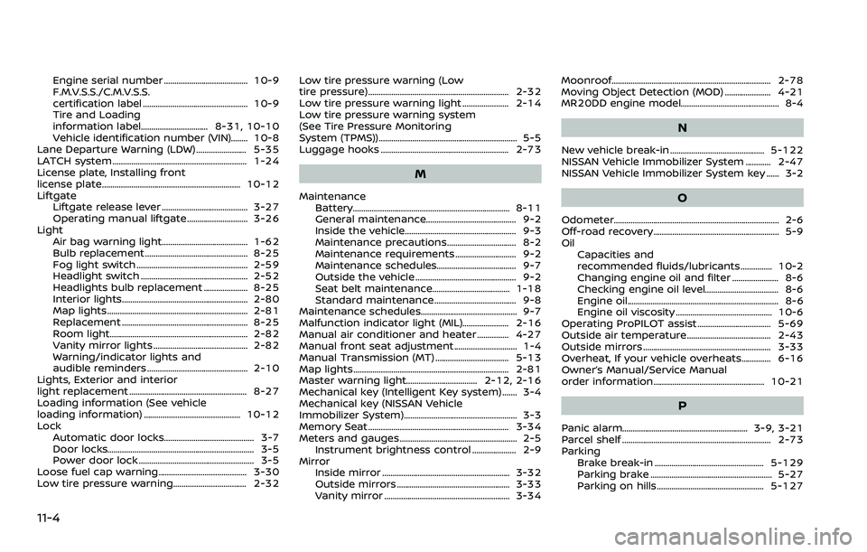 NISSAN ROGUE SPORT 2021 Owners Manual 11-4
Engine serial number ........................................ 10-9
F.M.V.S.S./C.M.V.S.S.
certification label .................................................. 10-9
Tire and Loading
information l NISSAN ROGUE SPORT 2021 Owners Manual 11-4
Engine serial number ........................................ 10-9
F.M.V.S.S./C.M.V.S.S.
certification label .................................................. 10-9
Tire and Loading
information l