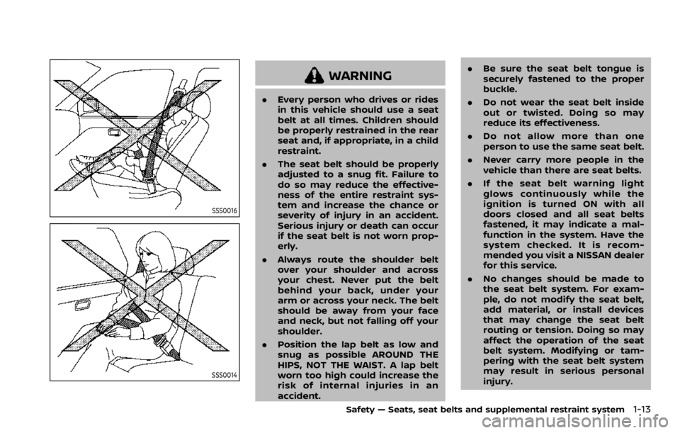 NISSAN ROGUE SPORT 2020 Owners Manual SSS0016
SSS0014
WARNING
.Every person who drives or rides
in this vehicle should use a seat
belt at all times. Children should
be properly restrained in the rear
seat and, if appropriate, in a child
r NISSAN ROGUE SPORT 2020 Owners Manual SSS0016
SSS0014
WARNING
.Every person who drives or rides
in this vehicle should use a seat
belt at all times. Children should
be properly restrained in the rear
seat and, if appropriate, in a child
r