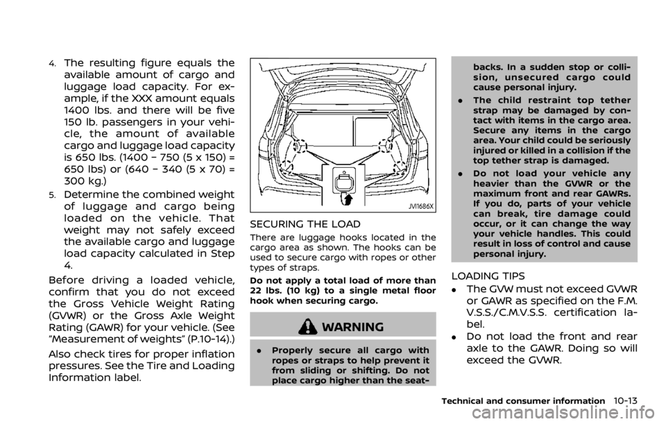 NISSAN ROGUE SPORT 2020 Owners Manual 4.The resulting figure equals the
available amount of cargo and
luggage load capacity. For ex-
ample, if the XXX amount equals
1400 lbs. and there will be five
150 lb. passengers in your vehi-
cle, th NISSAN ROGUE SPORT 2020 Owners Manual 4.The resulting figure equals the
available amount of cargo and
luggage load capacity. For ex-
ample, if the XXX amount equals
1400 lbs. and there will be five
150 lb. passengers in your vehi-
cle, th