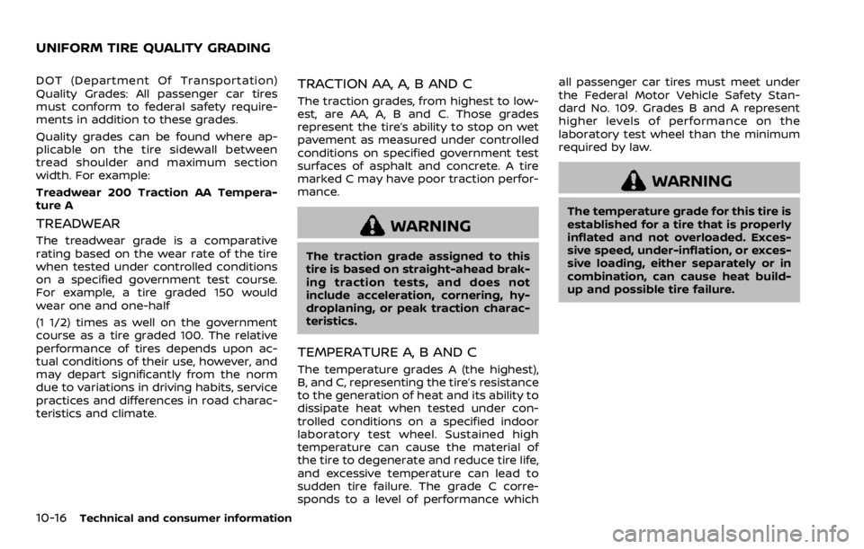 NISSAN ROGUE SPORT 2020 Owners Manual 10-16Technical and consumer information
DOT (Department Of Transportation)
Quality Grades: All passenger car tires
must conform to federal safety require-
ments in addition to these grades.
Quality gr NISSAN ROGUE SPORT 2020 Owners Manual 10-16Technical and consumer information
DOT (Department Of Transportation)
Quality Grades: All passenger car tires
must conform to federal safety require-
ments in addition to these grades.
Quality gr