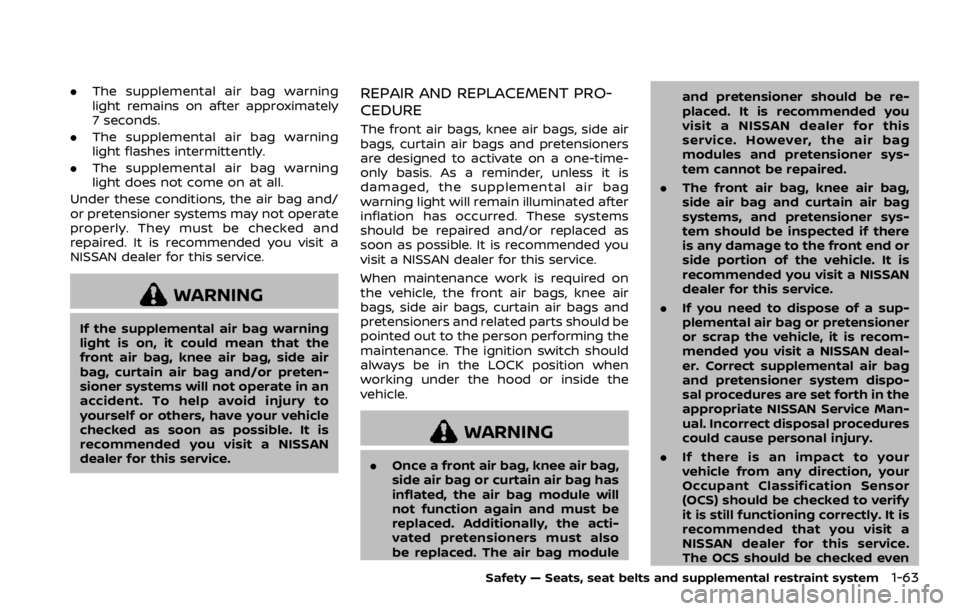 NISSAN ROGUE SPORT 2020  Owners Manual .The supplemental air bag warning
light remains on after approximately
7 seconds.
. The supplemental air bag warning
light flashes intermittently.
. The supplemental air bag warning
light does not com