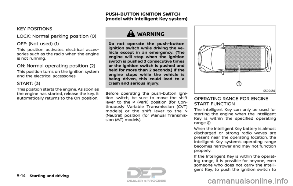 NISSAN ROGUE SPORT 2018 Owners Manual 5-14Starting and driving
KEY POSITIONS
LOCK: Normal parking position (0)
OFF: (Not used) (1)
This position activates electrical acces-
sories such as the radio when the engine
is not running.
ON: Norm NISSAN ROGUE SPORT 2018 Owners Manual 5-14Starting and driving
KEY POSITIONS
LOCK: Normal parking position (0)
OFF: (Not used) (1)
This position activates electrical acces-
sories such as the radio when the engine
is not running.
ON: Norm