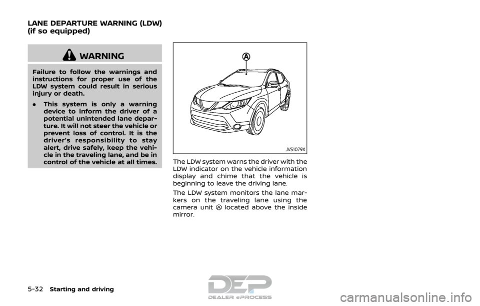 NISSAN ROGUE SPORT 2018  Owners Manual 5-32Starting and driving
WARNING
Failure to follow the warnings and
instructions for proper use of the
LDW system could result in serious
injury or death.
.This system is only a warning
device to info