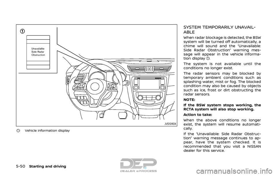 NISSAN ROGUE SPORT 2018  Owners Manual 5-50Starting and driving
JVS1090X
Vehicle information display
SYSTEM TEMPORARILY UNAVAIL-
ABLE
When radar blockage is detected, the BSW
system will be turned off automatically, a
chime will sound and 