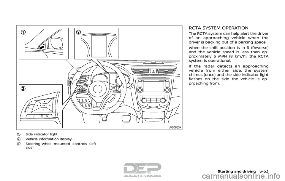 NISSAN ROGUE SPORT 2018  Owners Manual JVS0953X
Side indicator lightVehicle information displaySteering-wheel-mounted controls (left
side)
RCTA SYSTEM OPERATION
The RCTA system can help alert the driver
of an approaching vehicle when the
d