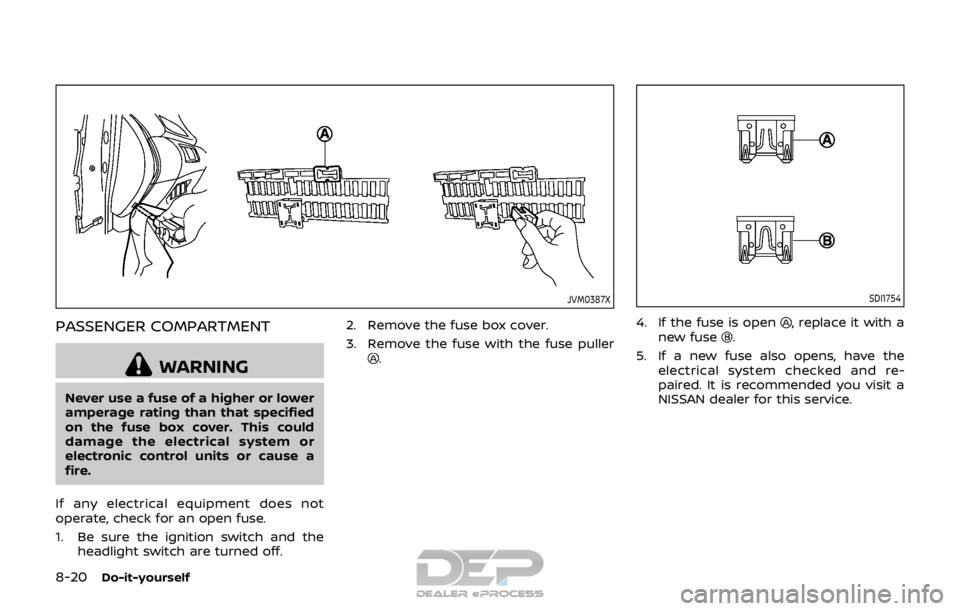 NISSAN ROGUE SPORT 2018  Owners Manual 8-20Do-it-yourself
JVM0387X
PASSENGER COMPARTMENT
WARNING
Never use a fuse of a higher or lower
amperage rating than that specified
on the fuse box cover. This could
damage the electrical system or
el