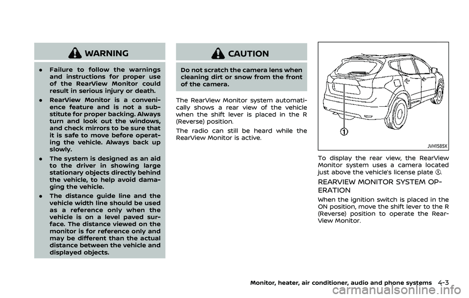 NISSAN ROGUE SPORT 2019 Owners Manual WARNING
.Failure to follow the warnings
and instructions for proper use
of the RearView Monitor could
result in serious injury or death.
. RearView Monitor is a conveni-
ence feature and is not a sub- NISSAN ROGUE SPORT 2019 Owners Manual WARNING
.Failure to follow the warnings
and instructions for proper use
of the RearView Monitor could
result in serious injury or death.
. RearView Monitor is a conveni-
ence feature and is not a sub-