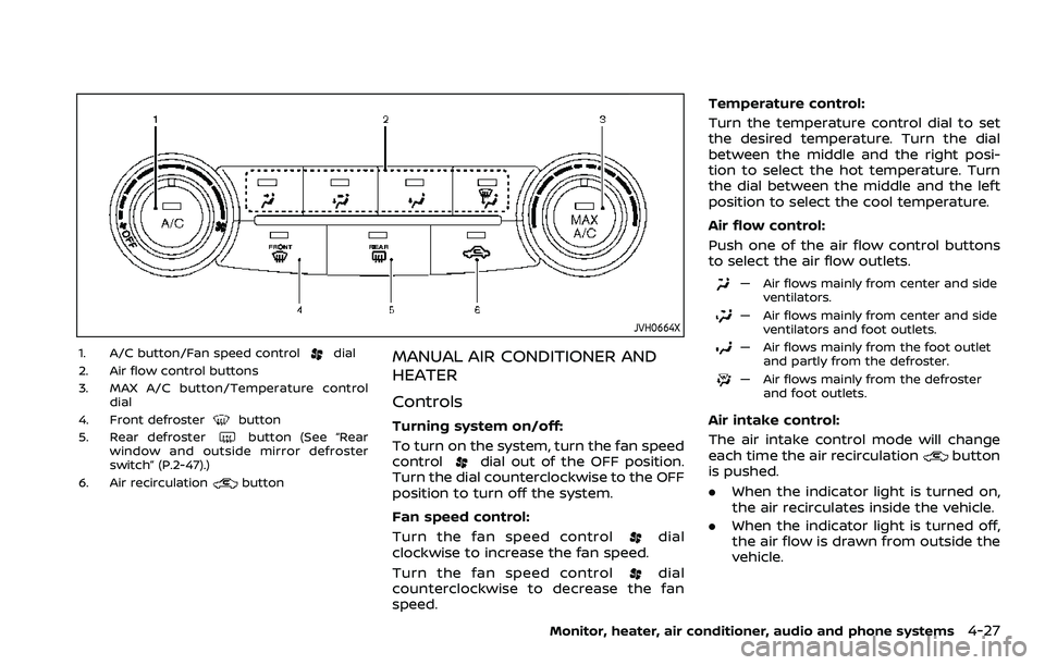 NISSAN ROGUE SPORT 2019 Owners Manual JVH0664X
1. A/C button/Fan speed controldial
2. Air flow control buttons
3. MAX A/C button/Temperature control dial
4. Front defroster
button
5. Rear defrosterbutton (See “Rear
window and outside mi NISSAN ROGUE SPORT 2019 Owners Manual JVH0664X
1. A/C button/Fan speed controldial
2. Air flow control buttons
3. MAX A/C button/Temperature control dial
4. Front defroster
button
5. Rear defrosterbutton (See “Rear
window and outside mi