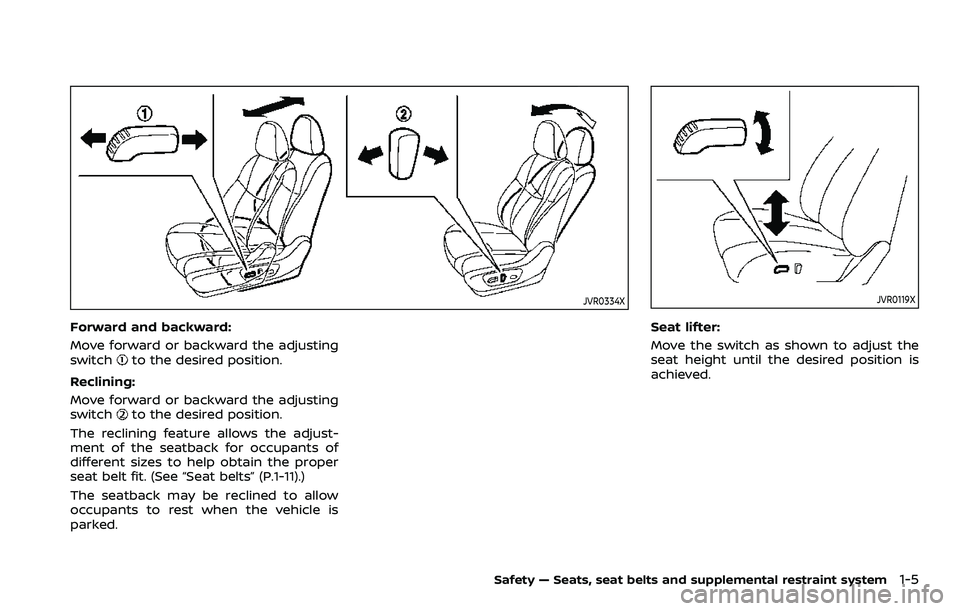 NISSAN ROGUE SPORT 2019  Owners Manual JVR0334X
Forward and backward:
Move forward or backward the adjusting
switch
to the desired position.
Reclining:
Move forward or backward the adjusting
switch
to the desired position.
The reclining fe