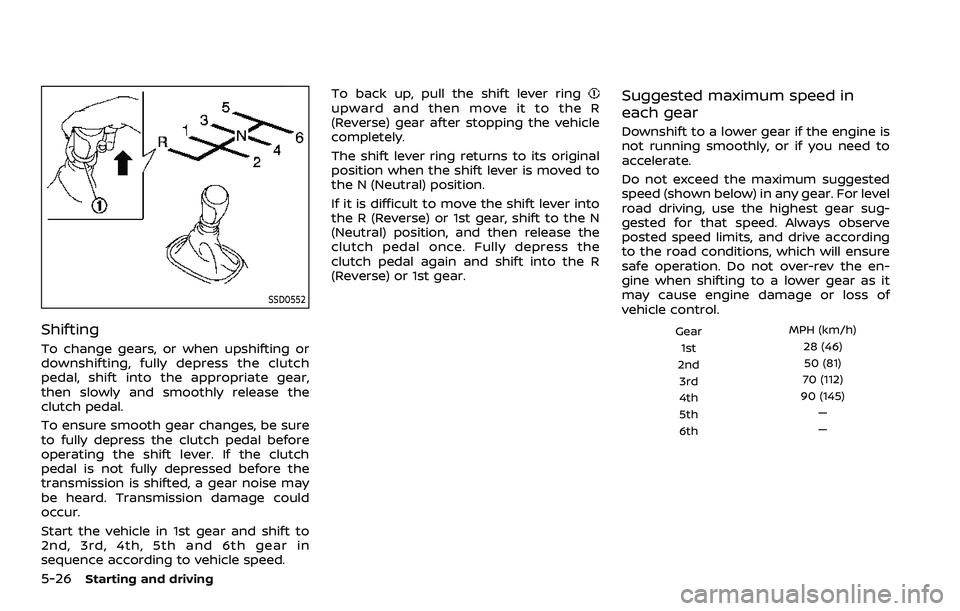 NISSAN ROGUE SPORT 2019 Owners Manual 5-26Starting and driving
SSD0552
Shifting
To change gears, or when upshifting or
downshifting, fully depress the clutch
pedal, shift into the appropriate gear,
then slowly and smoothly release the
clu NISSAN ROGUE SPORT 2019 Owners Manual 5-26Starting and driving
SSD0552
Shifting
To change gears, or when upshifting or
downshifting, fully depress the clutch
pedal, shift into the appropriate gear,
then slowly and smoothly release the
clu