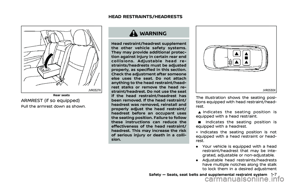 NISSAN ROGUE SPORT 2019 Owners Manual JVR0327X
Rear seats
ARMREST (if so equipped)
Pull the armrest down as shown.
WARNING
Head restraint/headrest supplement
the other vehicle safety systems.
They may provide additional protec-
tion again NISSAN ROGUE SPORT 2019 Owners Manual JVR0327X
Rear seats
ARMREST (if so equipped)
Pull the armrest down as shown.
WARNING
Head restraint/headrest supplement
the other vehicle safety systems.
They may provide additional protec-
tion again
