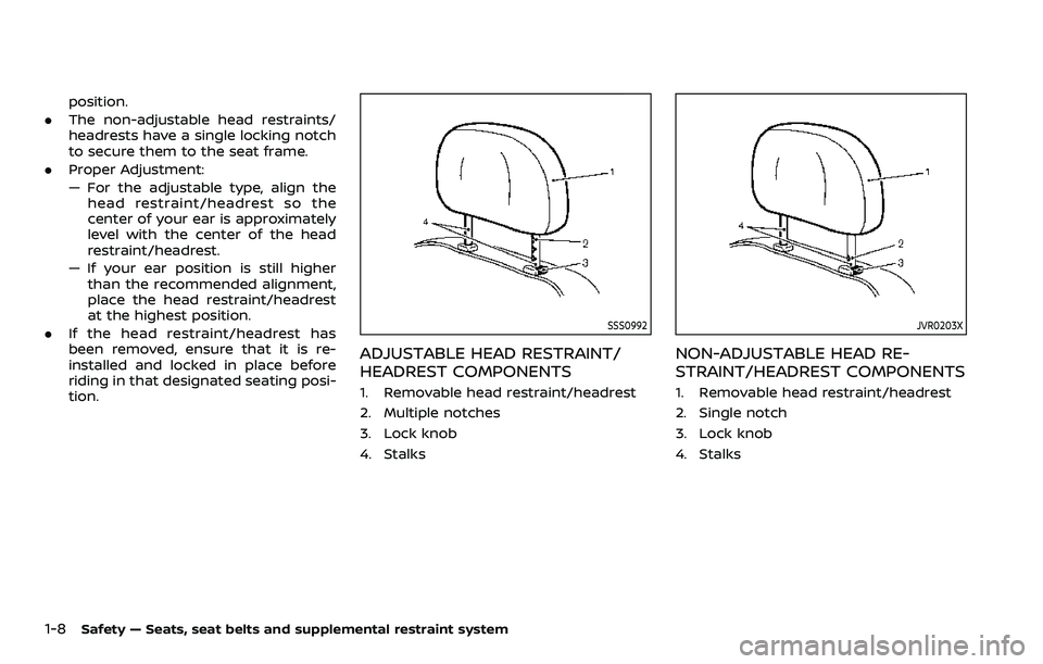 NISSAN ROGUE SPORT 2019  Owners Manual 1-8Safety — Seats, seat belts and supplemental restraint system
position.
. The non-adjustable head restraints/
headrests have a single locking notch
to secure them to the seat frame.
. Proper Adjus