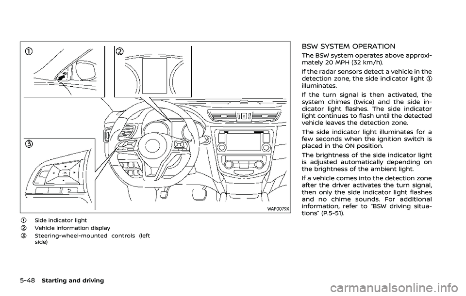 NISSAN ROGUE SPORT 2019  Owners Manual 5-48Starting and driving
WAF0079X
Side indicator lightVehicle information displaySteering-wheel-mounted controls (left
side)
BSW SYSTEM OPERATION
The BSW system operates above approxi-
mately 20 MPH (