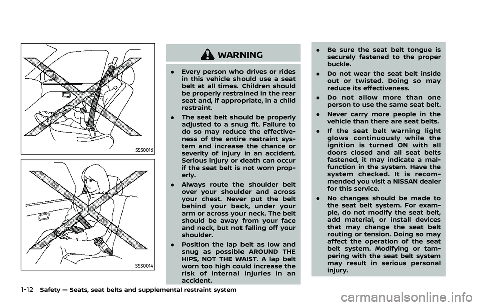 NISSAN ROGUE SPORT 2019 Owners Manual 1-12Safety — Seats, seat belts and supplemental restraint system
SSS0016
SSS0014
WARNING
.Every person who drives or rides
in this vehicle should use a seat
belt at all times. Children should
be pro NISSAN ROGUE SPORT 2019 Owners Manual 1-12Safety — Seats, seat belts and supplemental restraint system
SSS0016
SSS0014
WARNING
.Every person who drives or rides
in this vehicle should use a seat
belt at all times. Children should
be pro