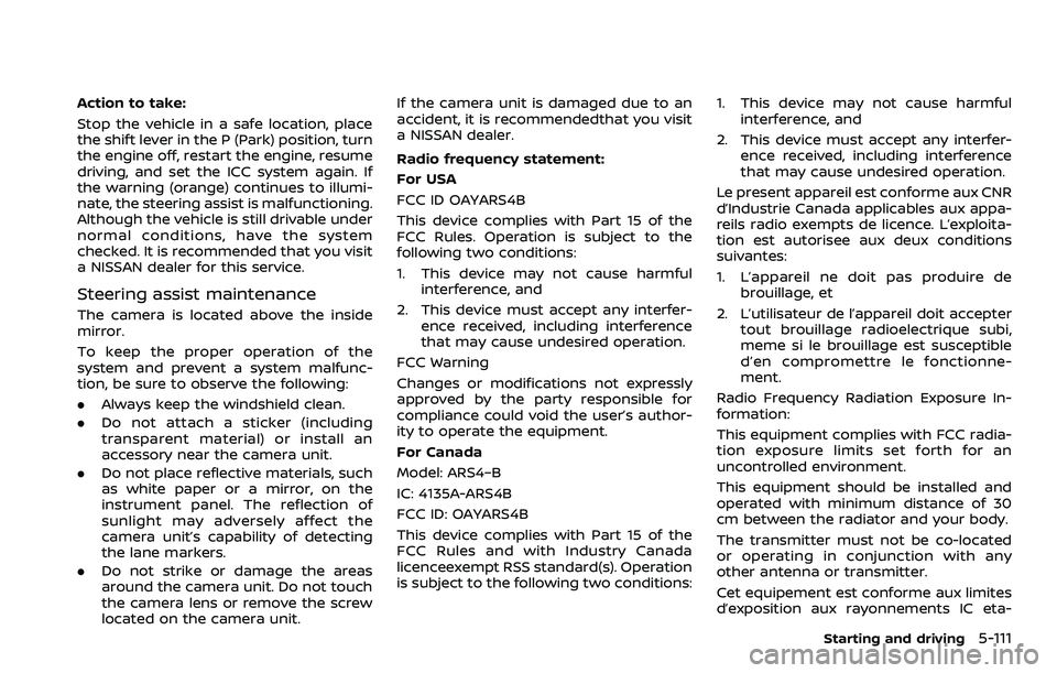 NISSAN ROGUE SPORT 2019 Owners Manual Action to take:
Stop the vehicle in a safe location, place
the shift lever in the P (Park) position, turn
the engine off, restart the engine, resume
driving, and set the ICC system again. If
the warni NISSAN ROGUE SPORT 2019 Owners Manual Action to take:
Stop the vehicle in a safe location, place
the shift lever in the P (Park) position, turn
the engine off, restart the engine, resume
driving, and set the ICC system again. If
the warni