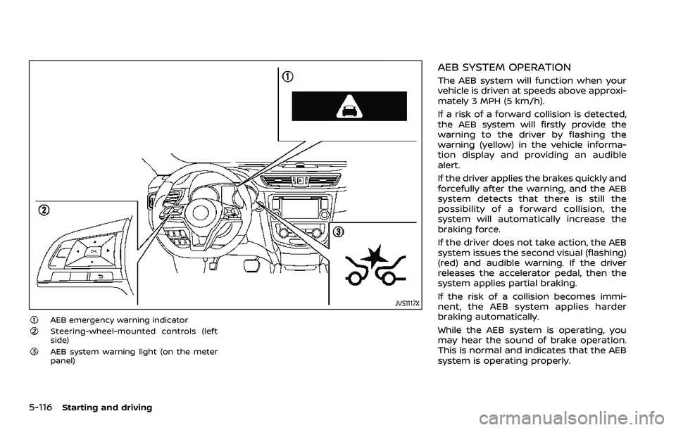 NISSAN ROGUE SPORT 2019 Owners Manual 5-116Starting and driving
JVS1117X
AEB emergency warning indicatorSteering-wheel-mounted controls (left
side)
AEB system warning light (on the meter
panel)
AEB SYSTEM OPERATION
The AEB system will fun NISSAN ROGUE SPORT 2019 Owners Manual 5-116Starting and driving
JVS1117X
AEB emergency warning indicatorSteering-wheel-mounted controls (left
side)
AEB system warning light (on the meter
panel)
AEB SYSTEM OPERATION
The AEB system will fun