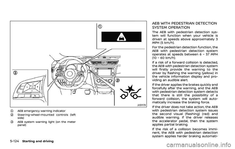 NISSAN ROGUE SPORT 2019 Owners Manual 5-124Starting and driving
JVS1117X
AEB emergency warning indicatorSteering-wheel-mounted controls (left
side)
AEB system warning light (on the meter
panel)
AEB WITH PEDESTRIAN DETECTION
SYSTEM OPERATI NISSAN ROGUE SPORT 2019 Owners Manual 5-124Starting and driving
JVS1117X
AEB emergency warning indicatorSteering-wheel-mounted controls (left
side)
AEB system warning light (on the meter
panel)
AEB WITH PEDESTRIAN DETECTION
SYSTEM OPERATI