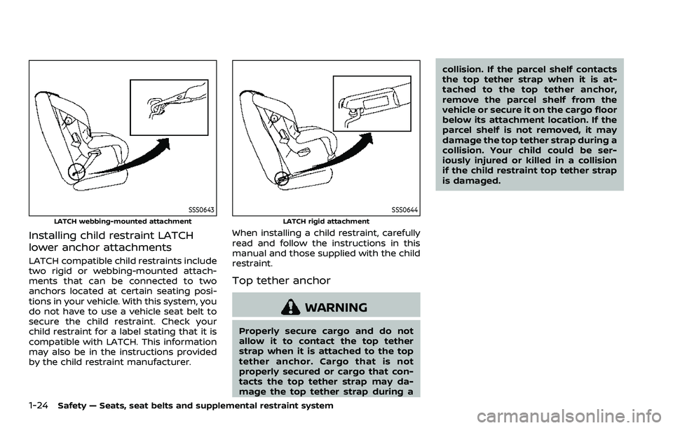 NISSAN ROGUE SPORT 2019 Owners Manual 1-24Safety — Seats, seat belts and supplemental restraint system
SSS0643
LATCH webbing-mounted attachment
Installing child restraint LATCH
lower anchor attachments
LATCH compatible child restraints NISSAN ROGUE SPORT 2019 Owners Manual 1-24Safety — Seats, seat belts and supplemental restraint system
SSS0643
LATCH webbing-mounted attachment
Installing child restraint LATCH
lower anchor attachments
LATCH compatible child restraints
