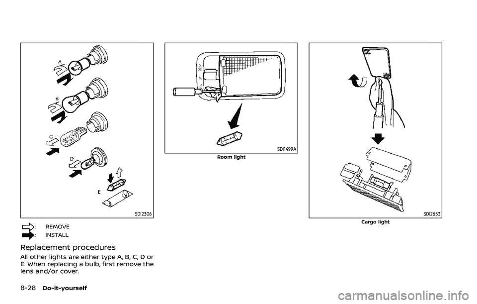 NISSAN ROGUE SPORT 2019  Owners Manual 8-28Do-it-yourself
SDI2306
: REMOVE
: INSTALL
Replacement procedures
All other lights are either type A, B, C, D or
E. When replacing a bulb, first remove the
lens and/or cover.
SDI1499A
Room light
SD