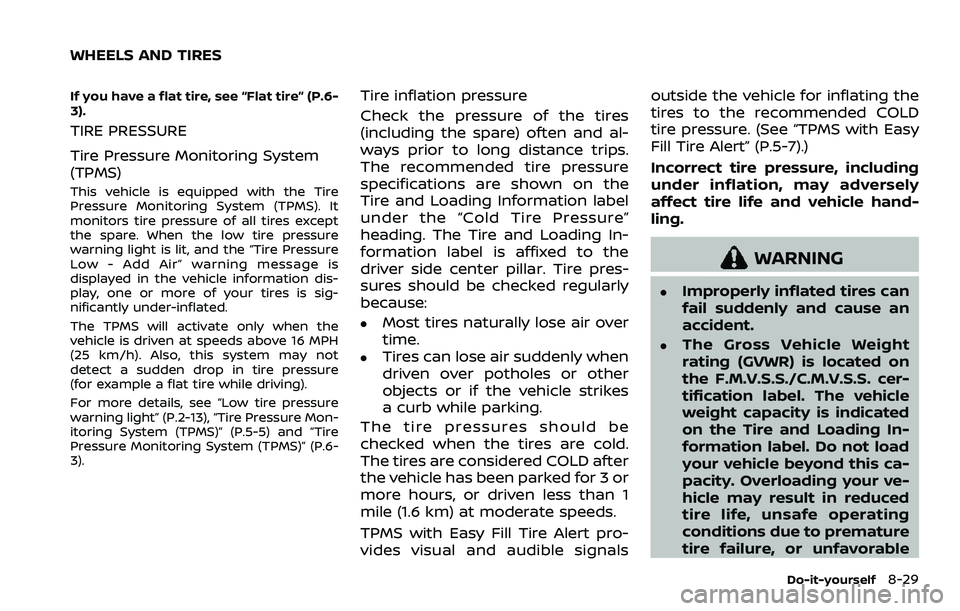 NISSAN ROGUE SPORT 2019 Owners Manual If you have a flat tire, see “Flat tire” (P.6-
3).
TIRE PRESSURE
Tire Pressure Monitoring System
(TPMS)
This vehicle is equipped with the Tire
Pressure Monitoring System (TPMS). It
monitors tire p NISSAN ROGUE SPORT 2019 Owners Manual If you have a flat tire, see “Flat tire” (P.6-
3).
TIRE PRESSURE
Tire Pressure Monitoring System
(TPMS)
This vehicle is equipped with the Tire
Pressure Monitoring System (TPMS). It
monitors tire p