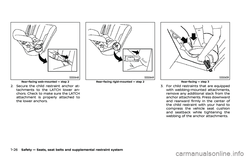 NISSAN ROGUE SPORT 2019  Owners Manual 1-26Safety — Seats, seat belts and supplemental restraint system
SSS0648
Rear-facing web-mounted — step 2
2. Secure the child restraint anchor at-tachments to the LATCH lower an-
chors. Check to m