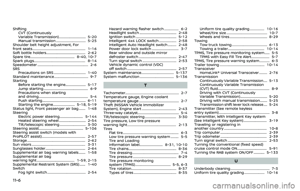 NISSAN ROGUE SPORT 2019 Owners Manual 11-6
ShiftingCVT (Continuously
Variable Transmission)..................................... 5-20
Manual transmission ......................................... 5-25
Shoulder belt height adjustment, For
NISSAN ROGUE SPORT 2019 Owners Manual 11-6
ShiftingCVT (Continuously
Variable Transmission)..................................... 5-20
Manual transmission ......................................... 5-25
Shoulder belt height adjustment, For