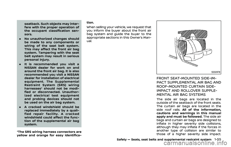 NISSAN ROGUE SPORT 2019 Owners Manual seatback. Such objects may inter-
fere with the proper operation of
the occupant classification sen-
sors.
. No unauthorized changes should
be made to any components or
wiring of the seat belt system. NISSAN ROGUE SPORT 2019 Owners Manual seatback. Such objects may inter-
fere with the proper operation of
the occupant classification sen-
sors.
. No unauthorized changes should
be made to any components or
wiring of the seat belt system.