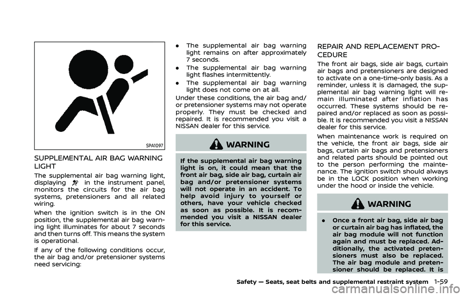 NISSAN ROGUE SPORT 2019 Owners Manual SPA1097
SUPPLEMENTAL AIR BAG WARNING
LIGHT
The supplemental air bag warning light,
displayingin the instrument panel,
monitors the circuits for the air bag
systems, pretensioners and all related
wirin NISSAN ROGUE SPORT 2019 Owners Manual SPA1097
SUPPLEMENTAL AIR BAG WARNING
LIGHT
The supplemental air bag warning light,
displayingin the instrument panel,
monitors the circuits for the air bag
systems, pretensioners and all related
wirin