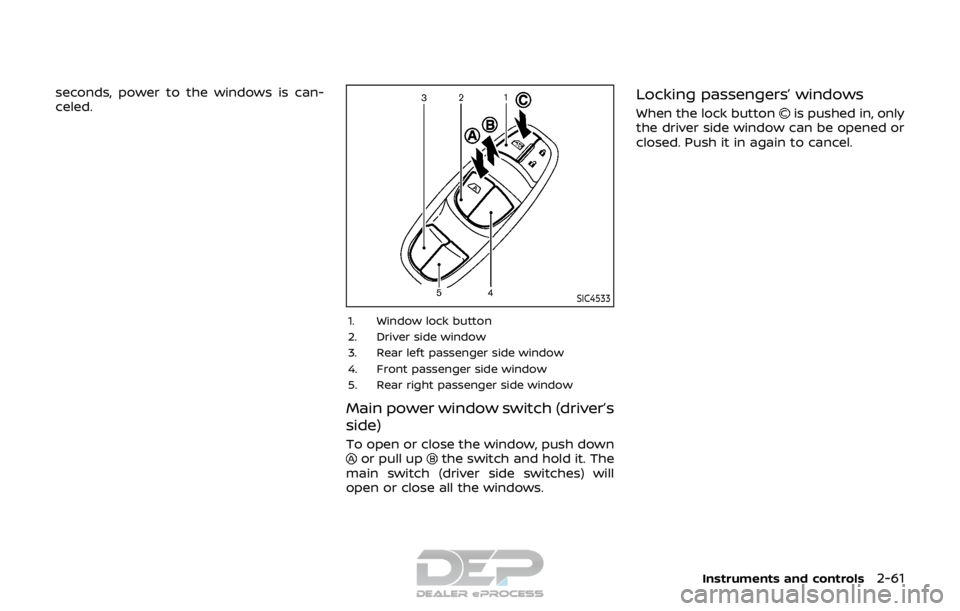 NISSAN ROGUE SPORT 2017  Owners Manual seconds, power to the windows is can-
celed.
SIC4533
1. Window lock button
2. Driver side window
3. Rear left passenger side window
4. Front passenger side window
5. Rear right passenger side window
M