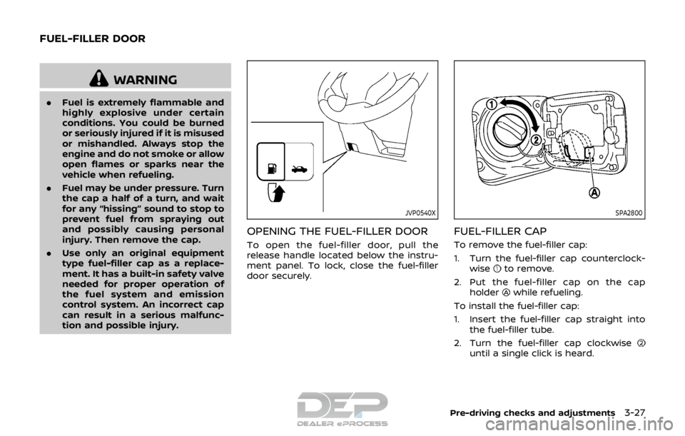 NISSAN ROGUE SPORT 2017 Owners Manual WARNING
.Fuel is extremely flammable and
highly explosive under certain
conditions. You could be burned
or seriously injured if it is misused
or mishandled. Always stop the
engine and do not smoke or NISSAN ROGUE SPORT 2017 Owners Manual WARNING
.Fuel is extremely flammable and
highly explosive under certain
conditions. You could be burned
or seriously injured if it is misused
or mishandled. Always stop the
engine and do not smoke or