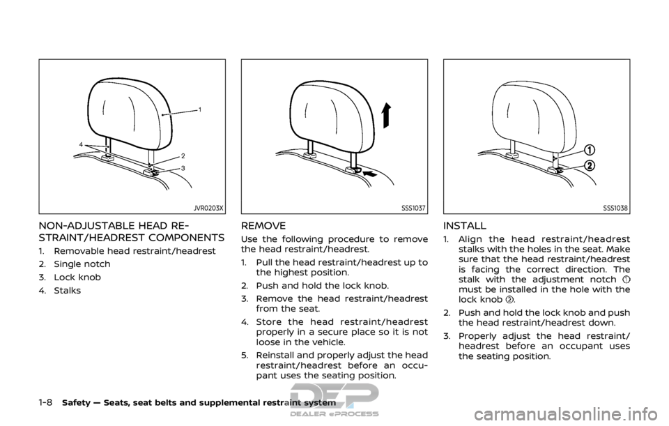 NISSAN ROGUE SPORT 2017 Owners Manual 1-8Safety — Seats, seat belts and supplemental restraint system
JVR0203X
NON-ADJUSTABLE HEAD RE-
STRAINT/HEADREST COMPONENTS
1. Removable head restraint/headrest
2. Single notch
3. Lock knob
4. Stal NISSAN ROGUE SPORT 2017 Owners Manual 1-8Safety — Seats, seat belts and supplemental restraint system
JVR0203X
NON-ADJUSTABLE HEAD RE-
STRAINT/HEADREST COMPONENTS
1. Removable head restraint/headrest
2. Single notch
3. Lock knob
4. Stal