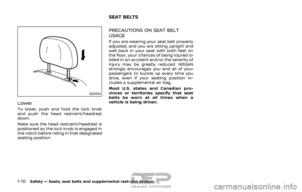 NISSAN ROGUE SPORT 2017  Owners Manual 1-10Safety — Seats, seat belts and supplemental restraint system
SSS0994
Lower
To lower, push and hold the lock knob
and push the head restraint/headrest
down.
Make sure the head restraint/headrest 