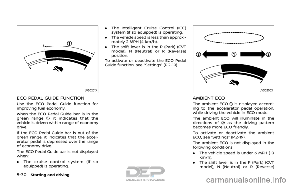 NISSAN ROGUE SPORT 2017 Owners Manual 5-30Starting and driving
JVS0201X
ECO PEDAL GUIDE FUNCTION
Use the ECO Pedal Guide function for
improving fuel economy.
When the ECO Pedal Guide bar is in the
green range
, it indicates that the
vehic NISSAN ROGUE SPORT 2017 Owners Manual 5-30Starting and driving
JVS0201X
ECO PEDAL GUIDE FUNCTION
Use the ECO Pedal Guide function for
improving fuel economy.
When the ECO Pedal Guide bar is in the
green range
, it indicates that the
vehic