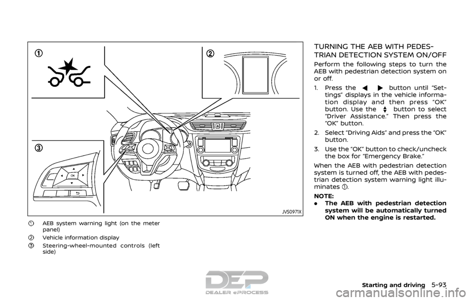 NISSAN ROGUE SPORT 2017  Owners Manual JVS0971X
AEB system warning light (on the meter
panel)
Vehicle information displaySteering-wheel-mounted controls (left
side)
TURNING THE AEB WITH PEDES-
TRIAN DETECTION SYSTEM ON/OFF
Perform the foll
